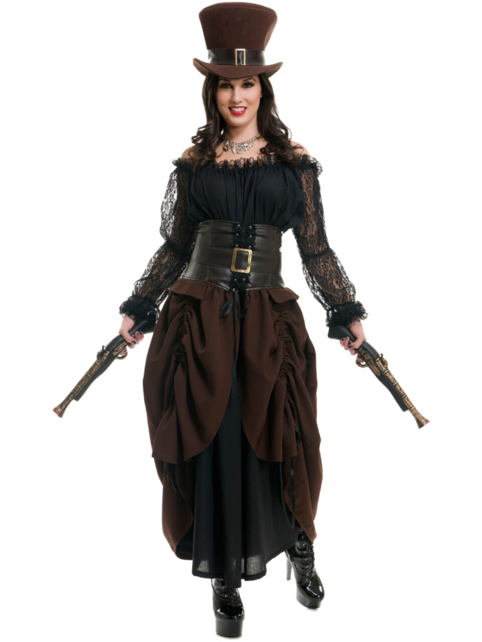 Victorian Steampunk Black Brown Full Length Dress With Top Hat